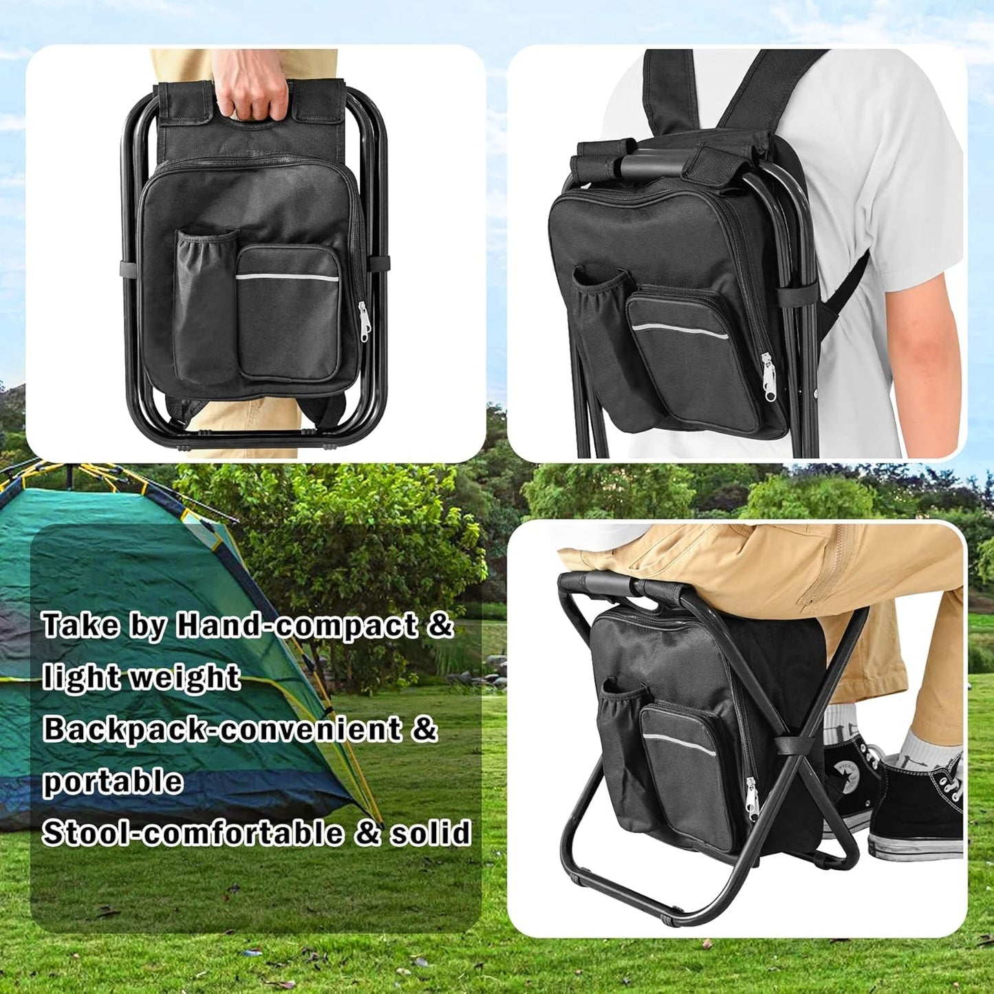 Kikerike Backpack Stool Cooler Chair Heavy Duty 400 LBS Max Load Portable Lightweight Folding Fishing Cooler for Camping Hunting Fishing - Black