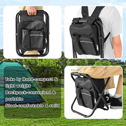 Kikerike Backpack Stool Cooler Chair Heavy Duty 400 LBS Max Load Portable Lightweight Folding Fishing Cooler for Camping Hunting Fishing - Black