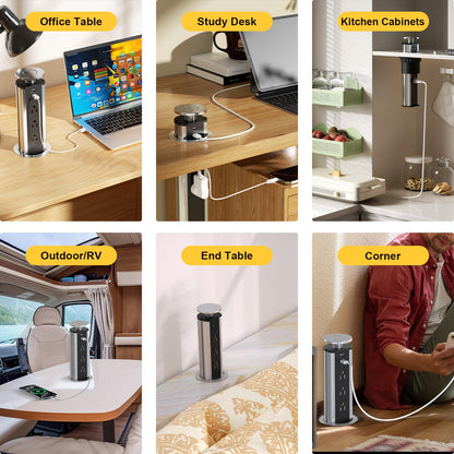 Kungfuking Pop Up Outlet Socket Recessed Retractable Power Strip Charging Station with 3 US Plug and 2 USB Ports for Kitchen Counter Island Conference Office, Black