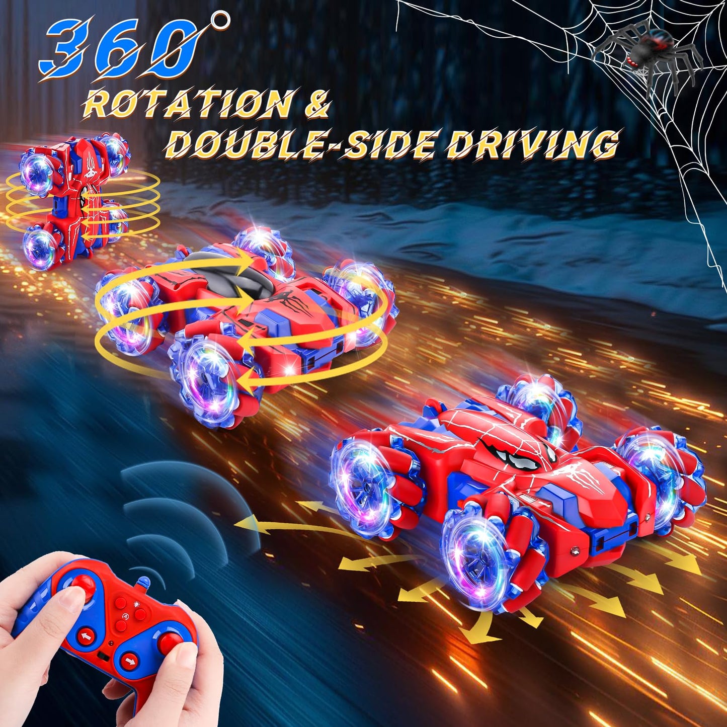 Punieayi Spider Remote Control Car, 2.4Ghz RC Cars with Headlight Double Sided Off-Road 360° Rotating Rechargeable 4WD RC Stunt Car Indoor Outdoor Spider Toys for Boys 4-6 5-7 8-13