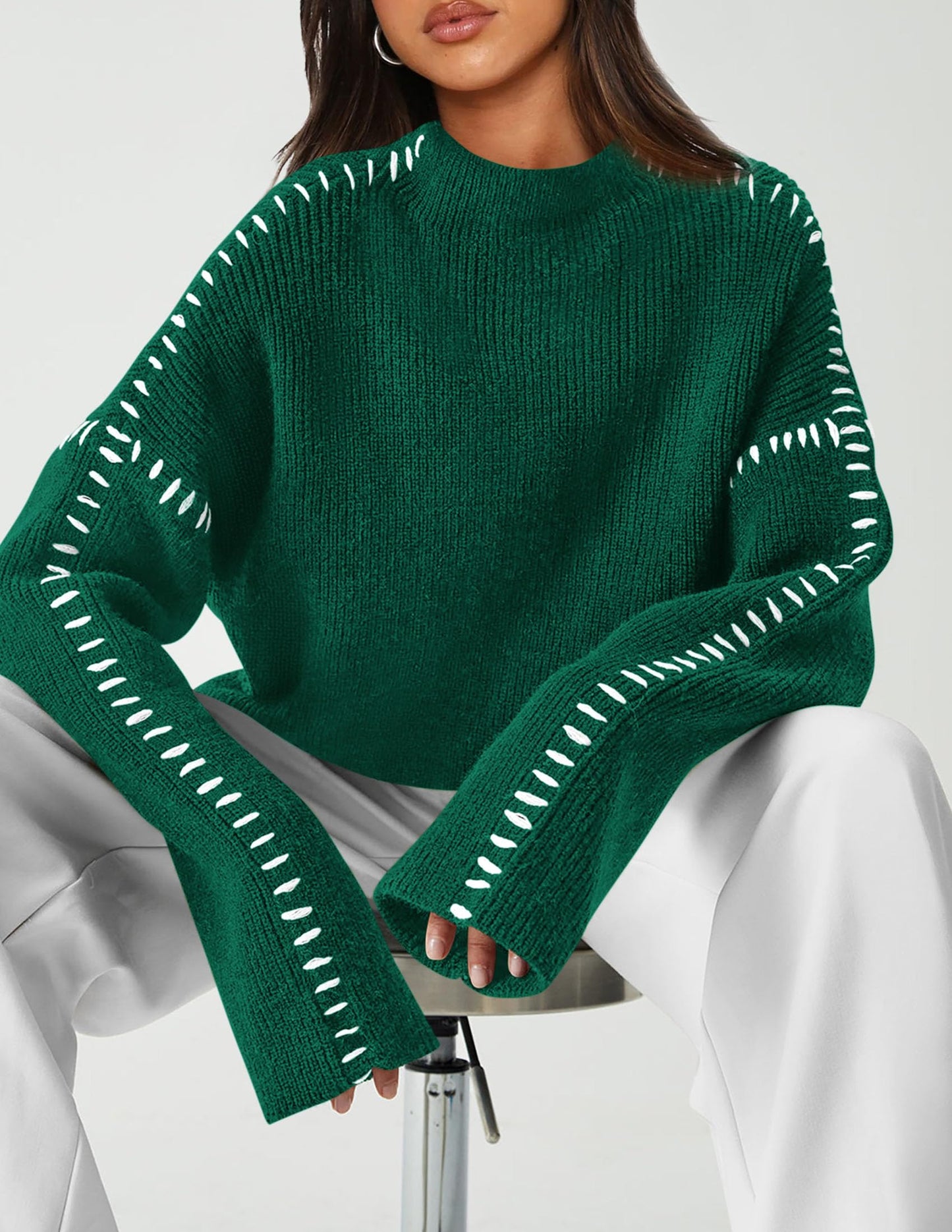 PRETTYGARDEN Women's Chunky Knit Sweaters 2025 Fall Long Sleeve Mock Neck Oversized Pullover Tops Winter Fashion Clothes (Dark Green,Medium)