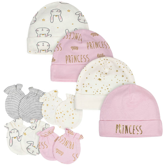 Gerber Baby Girls Cap and Mitten Sets 8pc Pink Princess Newborn