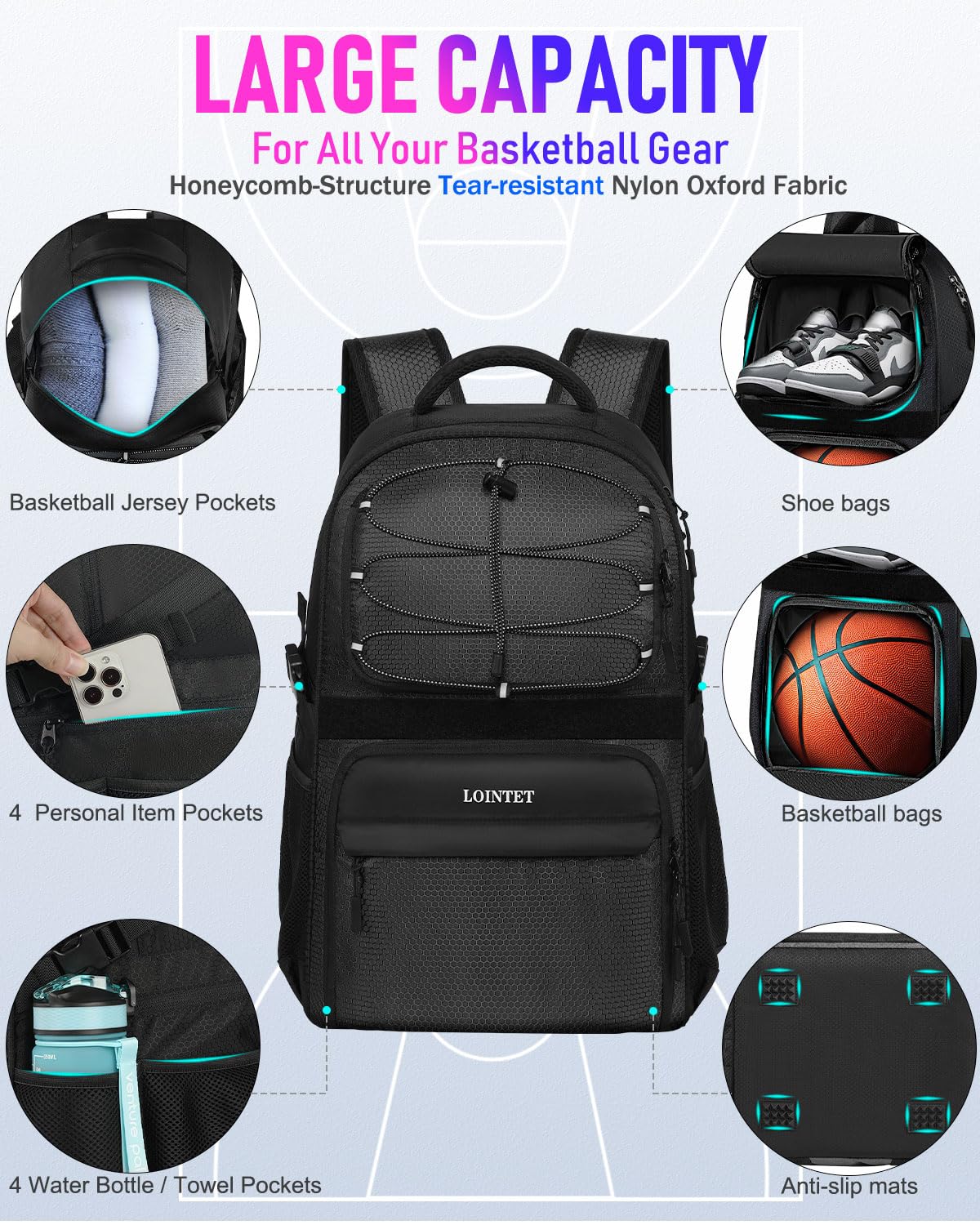 LOINTET Basketball Bag Backpack with Ball Holder Shoes Compartment, Large Basketball Accessories Sports Bag More Pockets for Football, Soccer, Volleyball, Gym, Travel, Black