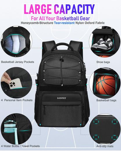 LOINTET Basketball Bag Backpack with Ball Holder Shoes Compartment, Large Basketball Accessories Sports Bag More Pockets for Football, Soccer, Volleyball, Gym, Travel, Black