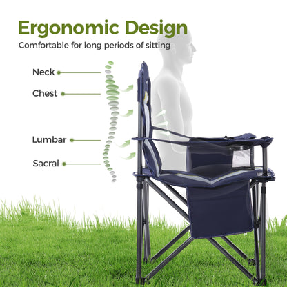 ALPHA CAMP Oversized Camping Chair Heavy Duty Lawn Chair with Cooler Bag Support 450 LBS Steel Frame Collapsible Padded Arm Folding Chair for Outdoor,Blue