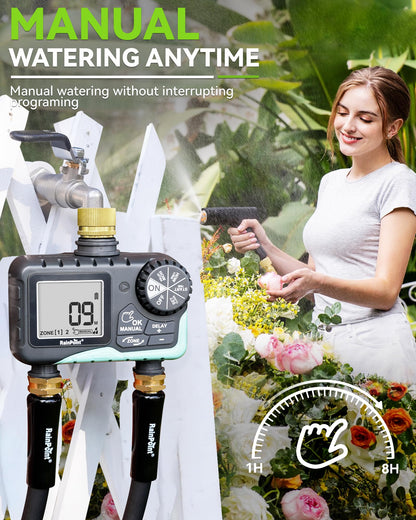 RAINPOINT Water Timer for Garden Hose - Sprinkler Timer with Brass Swivel - Rain Delay/Manual Watering/Automatic Irrigation Programmable Faucet for Yard, 2 Outlet