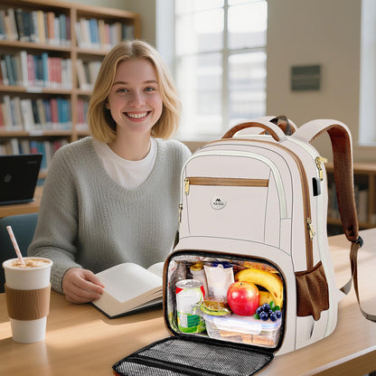 MATEIN Backpack Lunch Bag for Women, Sturdy Teacher Nurse Insulated Cooler Backpack for Work College Travel Picnic, Stylish Cute Laptop School Bag with Lunch Compartment, Gifts for Her, Beige-Brown