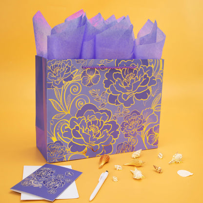 Qirrmiy 13" Large Rose Purple Gift Bag Set with Greeting Card and Tissue Paper for Women or Girls for Celebrating Birthdays, Valentine's Day, Weddings, Anniversaries, Mother's Day