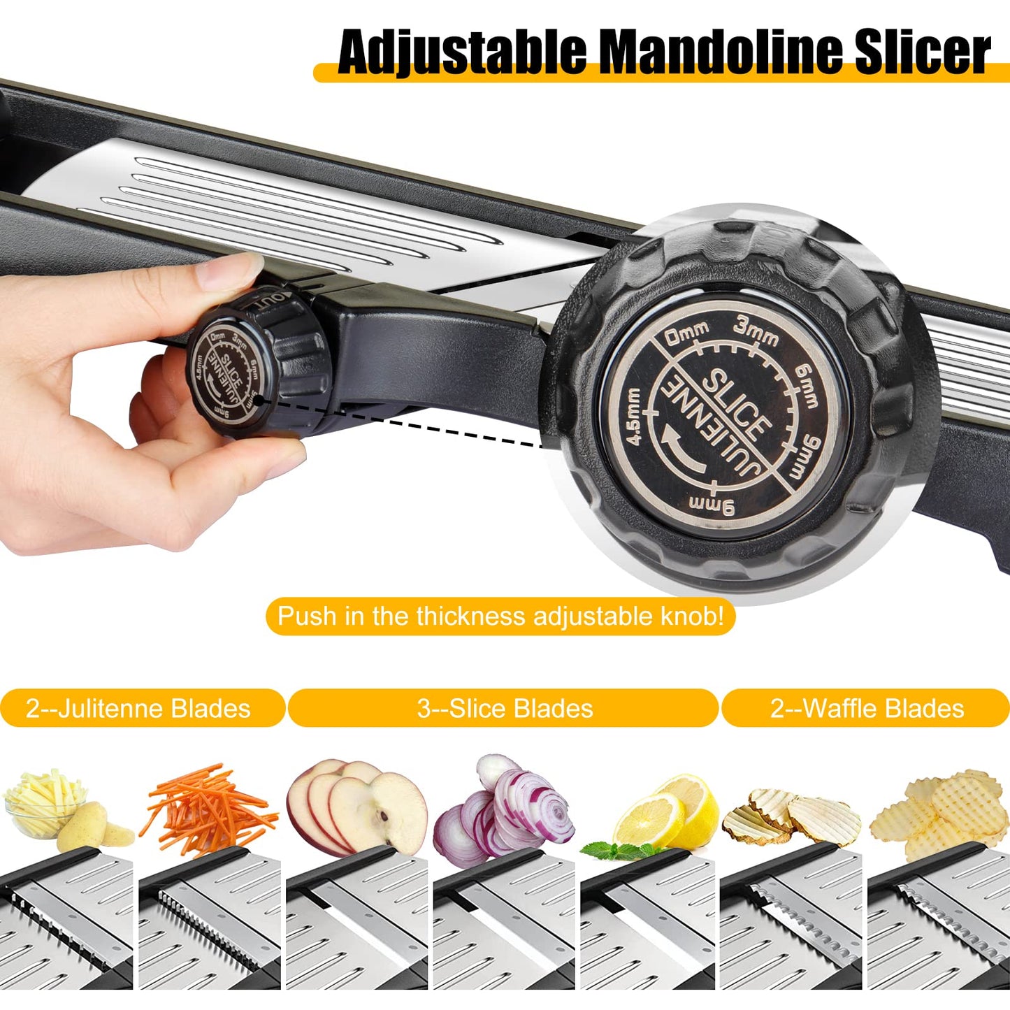 Mandoline Food slicer for kitchen, Adjustable Stainless Steel Mandoline Vegetable slicer, Food slicer Onion Potato Chip French Fry, 7 in-1 Adjustable Blade, Including 1 Pair Cut-Resistant Gloves