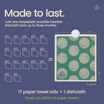 Harps&Seb Swedish Dishcloths for Kitchen Dishcloths - 6 Pack, Reusable Paper Towels with Clips, Super Absorbent Washable Non-Scratch Swedish Dish Towels, No Odor, Biodegradable