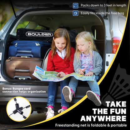 BOULDER Portable Badminton Pickleball Net - Foldable / Extendable Poles for Multiple Sports Heights (UP to 5 ft) - Ideal for Tennis, Pickleball, Soccer Tennis - Easy Setup (Black, 17 FT)