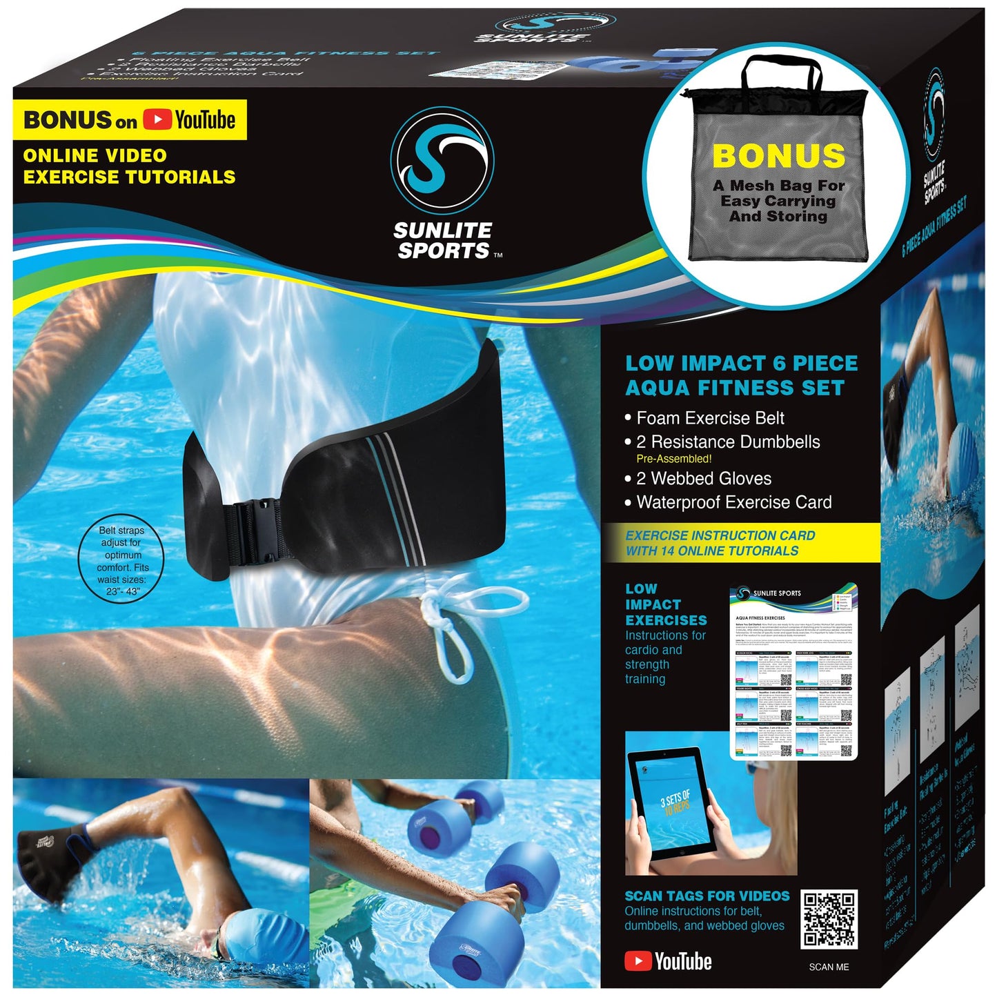 Sunlite Sports Water Workout Combo Set, High Density Water Weights for Pool Exercise, Swim Belt, Aerobics Equipment, Aqua Jogger Belt, Pool Fitness, Aqua Therapy & Exercise