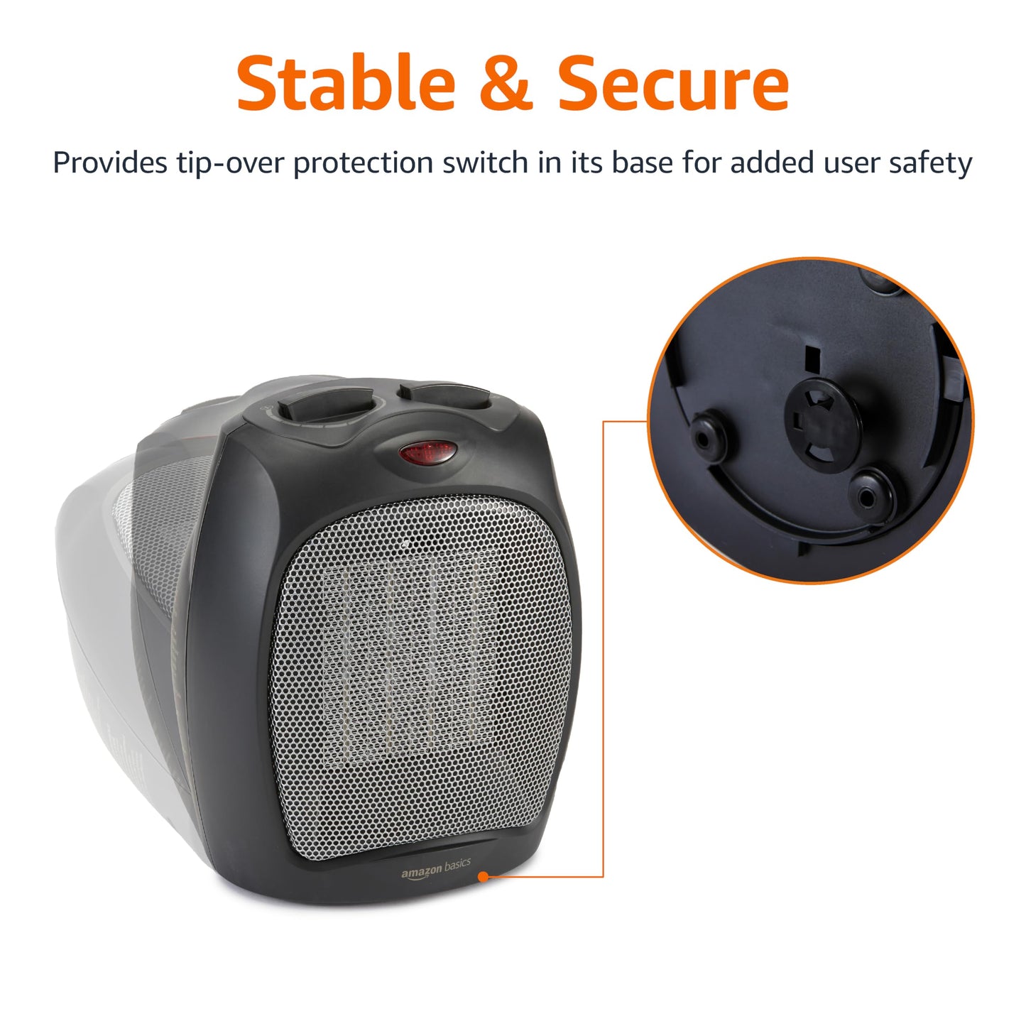 Amazon Basics Ceramic Space Heater, Portable Indoor Heating Solution, With Overheat and Tip-Over Protection, Thermostat, Non-Oscillating, 1500W, 7.52"D x 6.34"W x 9.45"H, Black