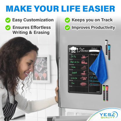 Magnetic Dry Erase Menu Board for Fridge (16x12) - Weekly Meal Planner Blackboard w/ 4 Magnetic Chalk Markers & Wiping Cloth - Chalkboard Organizer for Dinner Menus & Grocery Lists by Yes4Quality