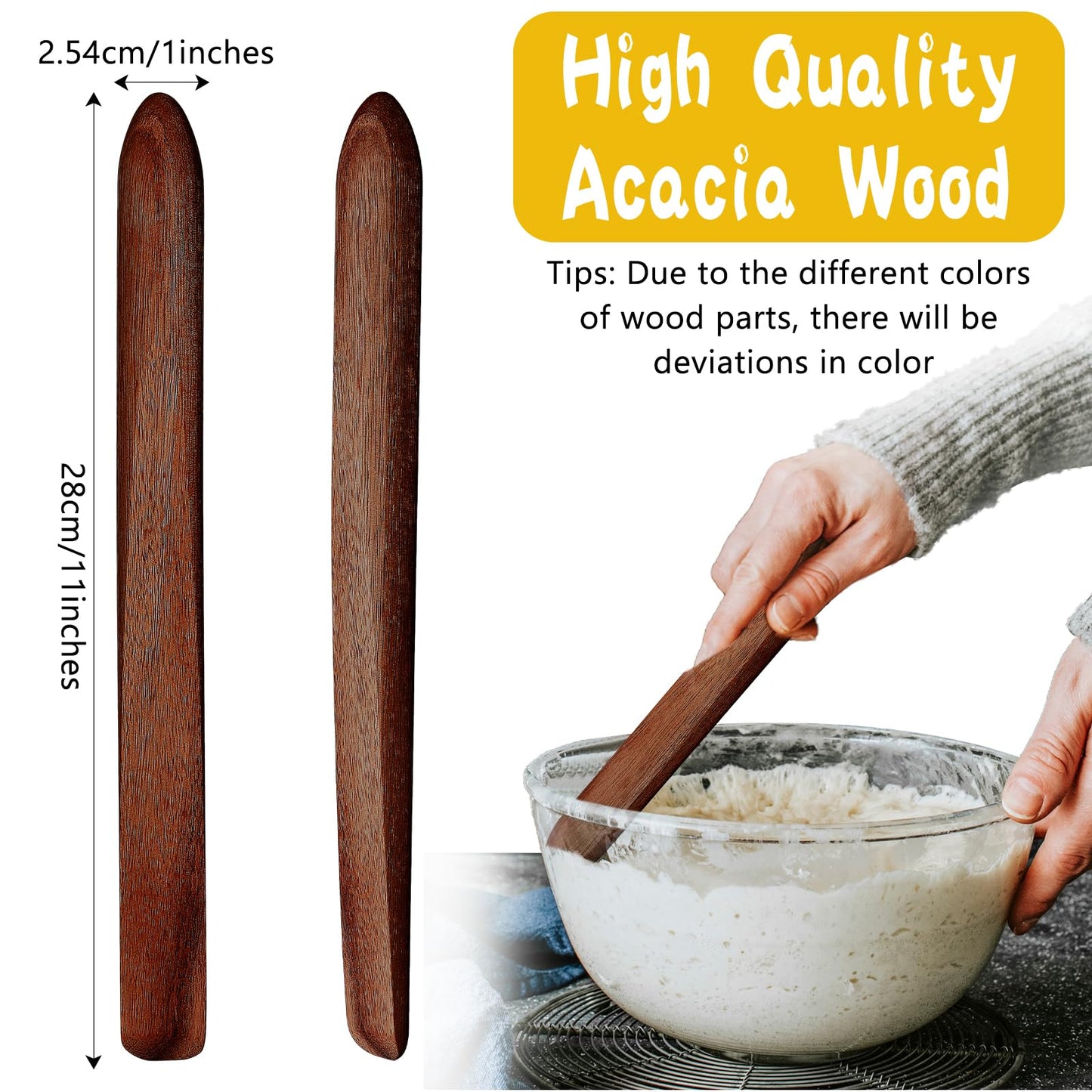 Hillban 2 Pcs 11 Inch Wooden Sourdough Bread Mixing Stir Stick Spurtle Bread Making Tools Wooden Paddle Stirring Stick for Kitchen Cooking(Acacia)
