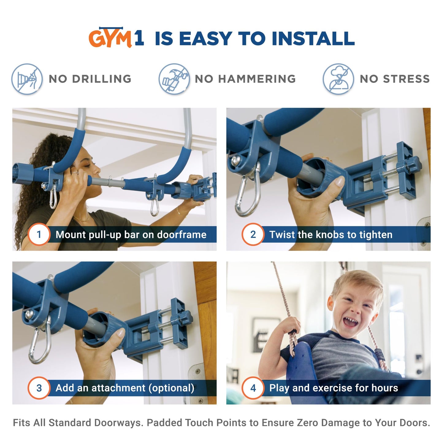 Gym1 6-Piece Doorway Gym Indoor Playground - 6-Piece, Blue - Indoor Playset with Sensory Swing, Pull-Up Bar & Rings, Trapeze, Ladder & Knotted Rope