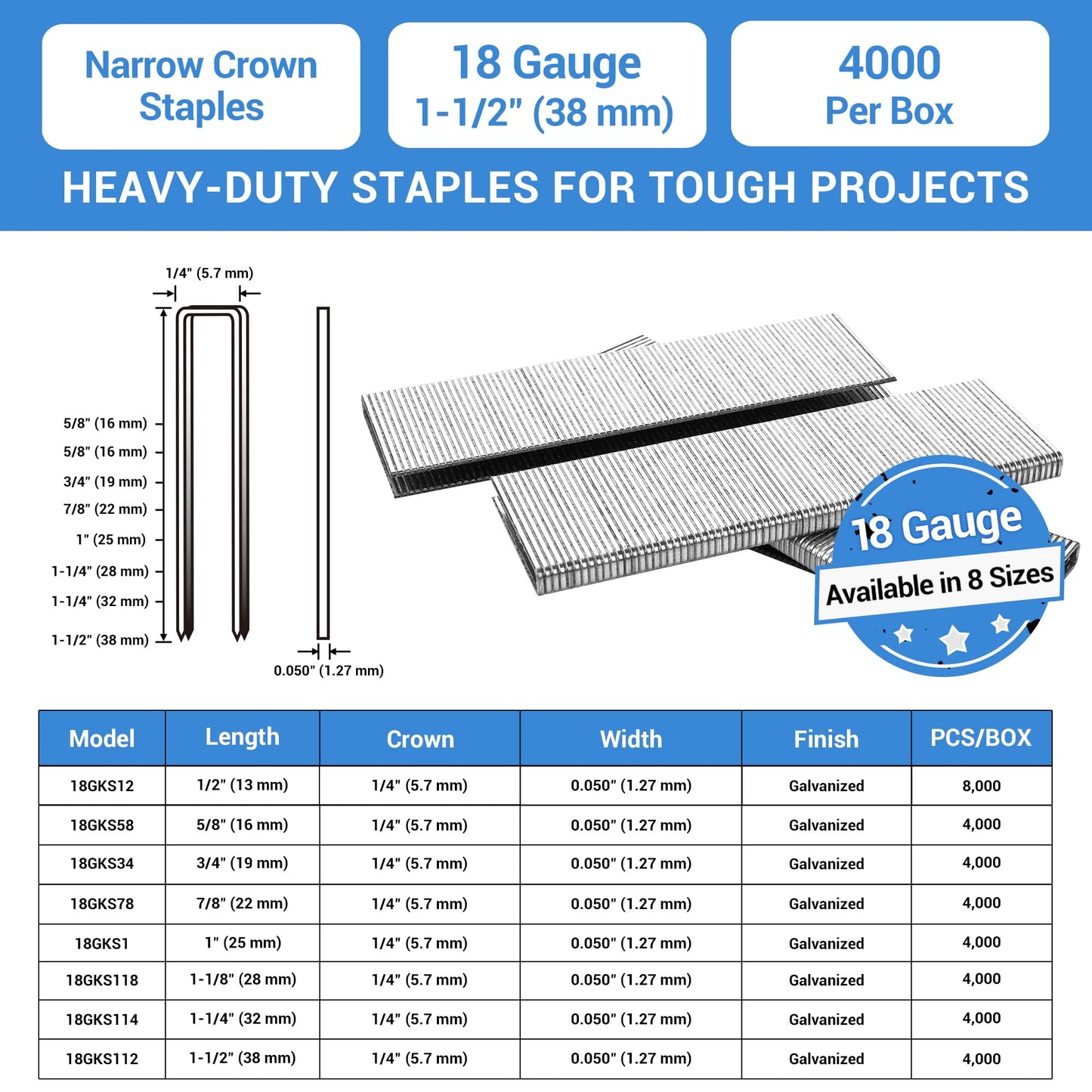 meite 18 Gauge 1/4-Inch Narrow Crown Staples, 1-1/2-Inch Length Galvanized Staples for Heavy Duty and Upholstery (4,000 Counts)