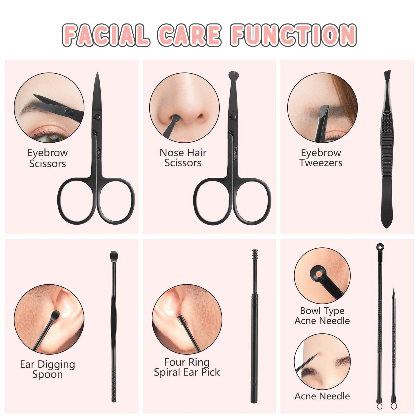 Manicure Set, Jubolion 19pcs Stainless Steel Professional Nail Clippers Pedicure Set with Black Leather Storage Case, Portable Grooming Kit for Travel or Home, Perfect Gifts Women and Men (Black)