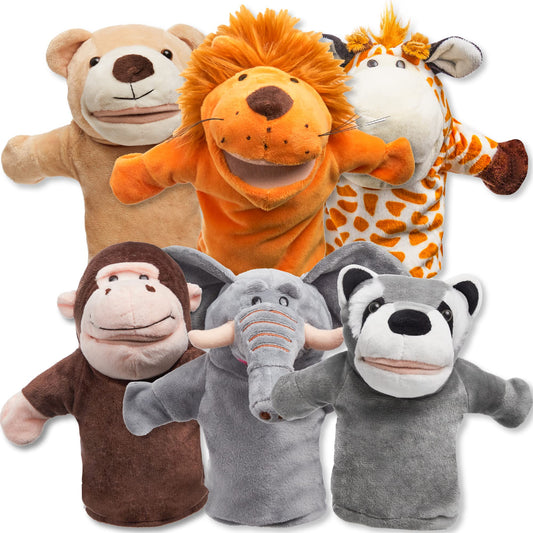 JOYIN 6Pcs Kids Hand Puppet Set with Working Mouth, Toddler Animal Plush Toy Includes Elephant, Giraffe, Lion, Bear, Raccoon and Monkey for Show Theater, Christmas Birthday Gifts for Kid Age 3+