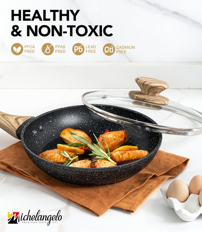MICHELANGELO Non Stick Frying Pans - 12 Inch Nonstick Frying Pan with Glass Lid, Large Stone Fry Pan with Ergonomic Handle, Induction Compatible, Black