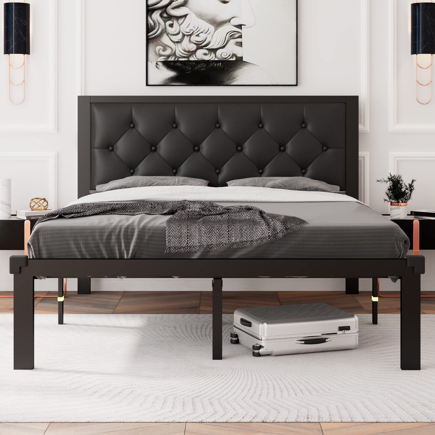 Feonase Full Size Metal Bed Frame with Faux Leather Button Tufted Headboard, Heavy-Duty Platform Bed Frame with 12" Storage, Steel Slats Support, No Box Spring Needed, Noise Free, Black