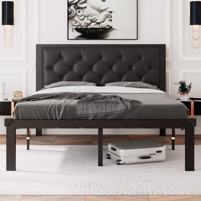 Feonase Full Size Metal Bed Frame with Faux Leather Button Tufted Headboard, Heavy-Duty Platform Bed Frame with 12" Storage, Steel Slats Support, No Box Spring Needed, Noise Free, Black