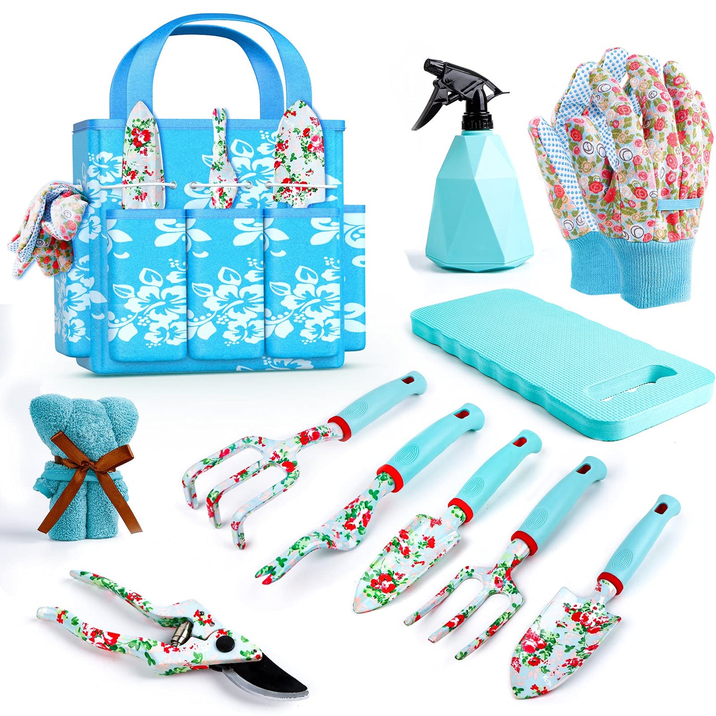 JUMPHIGH Floral Garden Tools Set, 11 PCS Heavy Duty Gardening Tools Includes Hand Trowel Rake Weeder Pruner Sprayer, Gardening Gifts for Women, Garden Kit with Storage Tote Bag and Garden Gloves