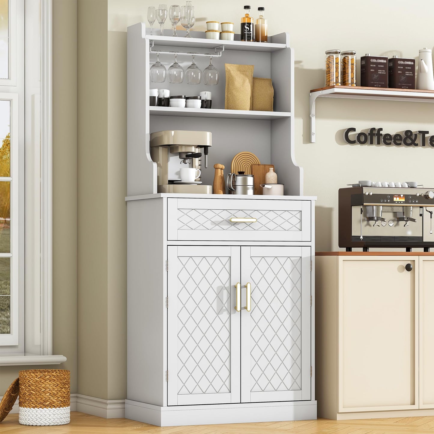 kepptory 66" Kitchen Pantry Cabinet with Microwave Shelf, Pantry Storage Cabinet with Adjustable Shelves and Drawer, Kitchen Buffet Cupboards Sideboard for Home Office Use (16" D x 24" W x 66" H)