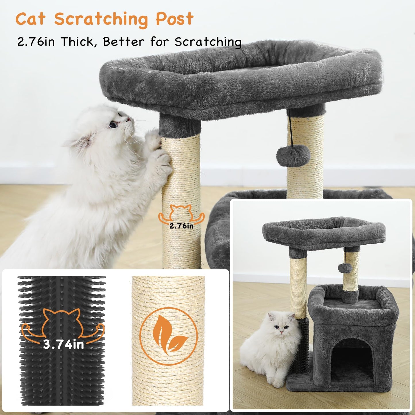 Innsfurr Small Cat Tree for Indoor Cats, Cat Tower with Scratching Posts for Multiple Cats, Plush Cozy Perch, Cat Massage Brush, Activity Hanging Pompoms, Dark Grey