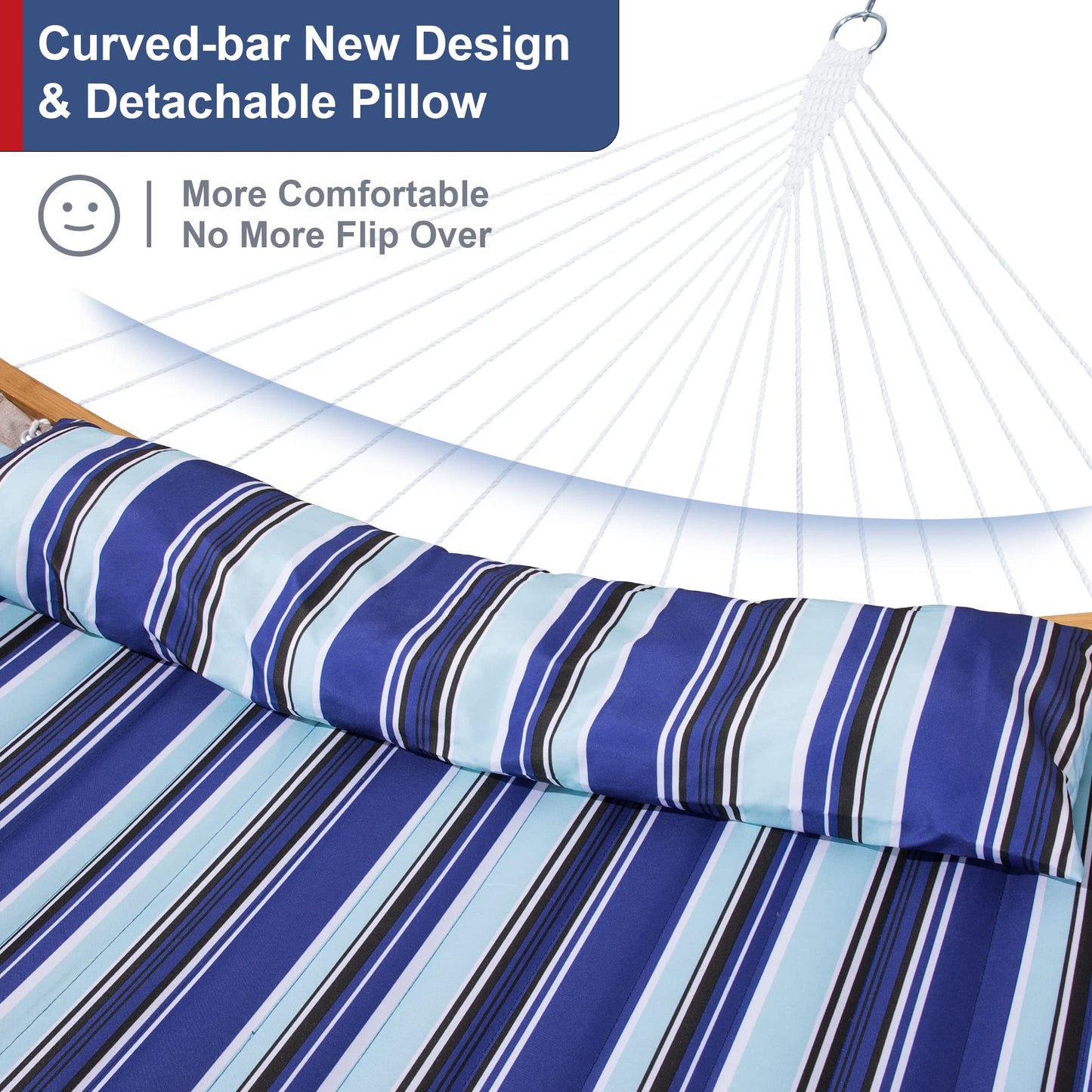 Mansion Home 12 Ft Yard Hammock with Stand, 2 Person Hammock Freestanding with Curved Spreader Bar, Large Hammocks for Outside with Pillow and Portable Bag, Heavy Duty 450 lbs, Blue Stripes