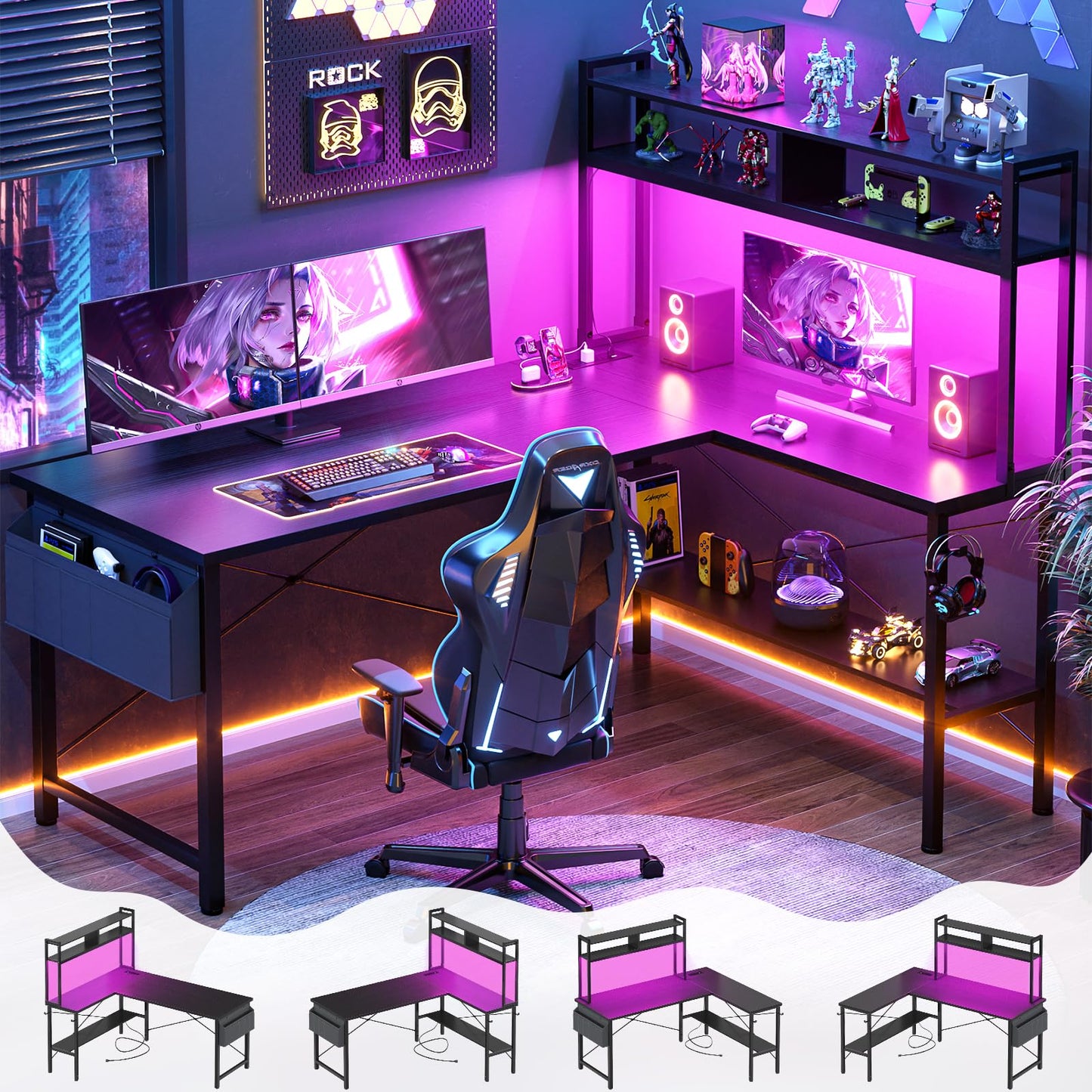 Aheaplus L Shaped Desk Gaming Desk, 59" L Shaped Computer Desk with LED Light & Power Outlet, Reversible Home Office Desk Gamer Desks with Shelves & Storage Bag & Hooks, Corner PC Desk, Black