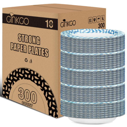 Ginkgo Paper Plates 10 inch Bulk 300 Count, Thickened Disposable Plates Large Heavy Duty Dinner Paper Plates for Holiday, Party, Picnic and Everyday Use