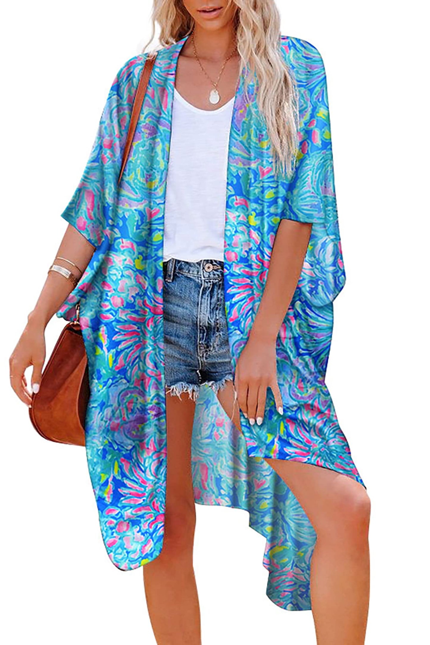Hibluco Women's Long Floral Kimono Printed Cardigan Sheer Swimsuit Cover Ups