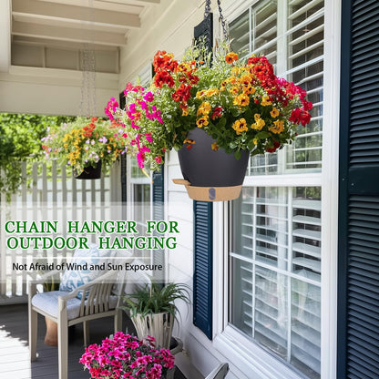 Hanging Planter Self Watering 8 Inch, 2 Pack Hanging Baskets for Plants, Hanging Flower Pots with Drainage Hole & 2 Kinds of Plant Hangers for Garden Home Decor (Black, 8 inch)