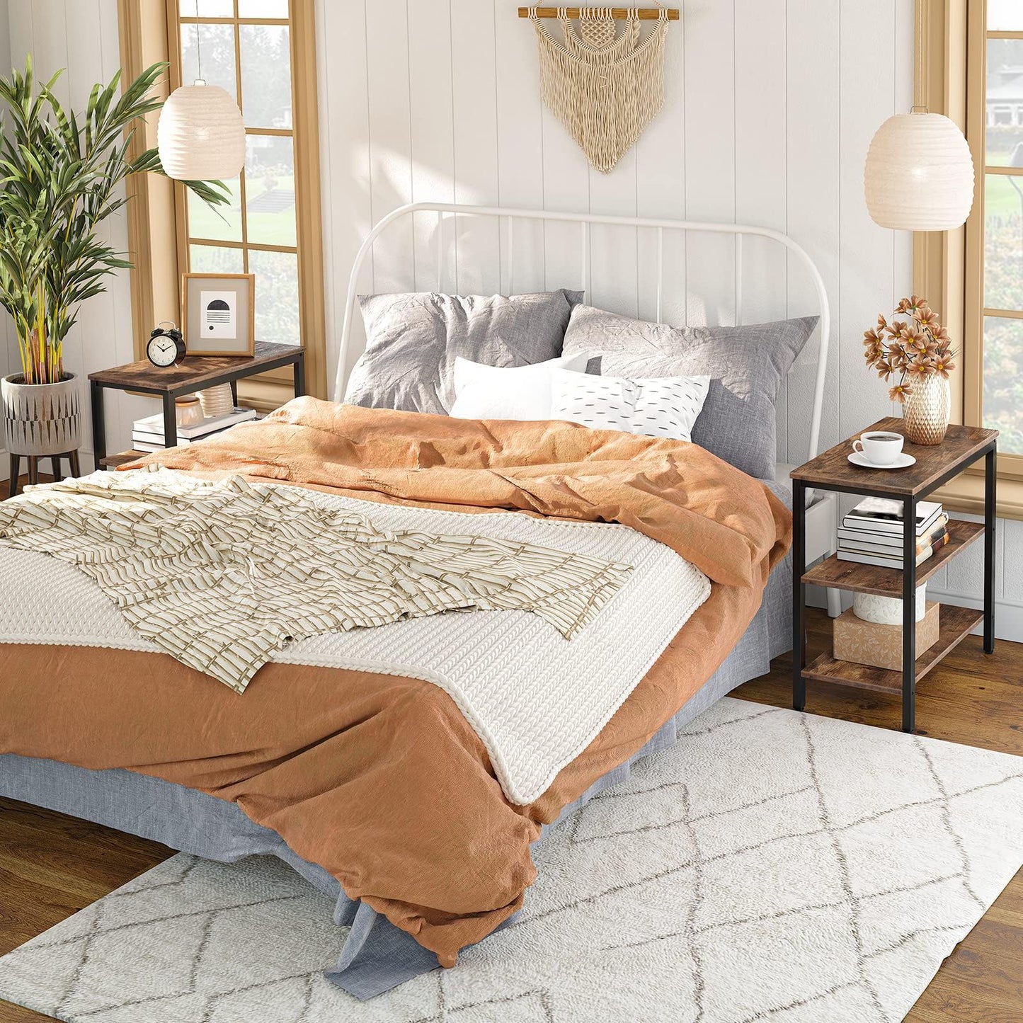 HOOBRO End Table, Simple Rustic Side Table with 3-Tier Storage Shelf, Narrow Nightstand for Small Spaces, for Living Room, Bedroom,Easy Assembly, Industrial Design, Rustic Brown and Black BF14BZ01