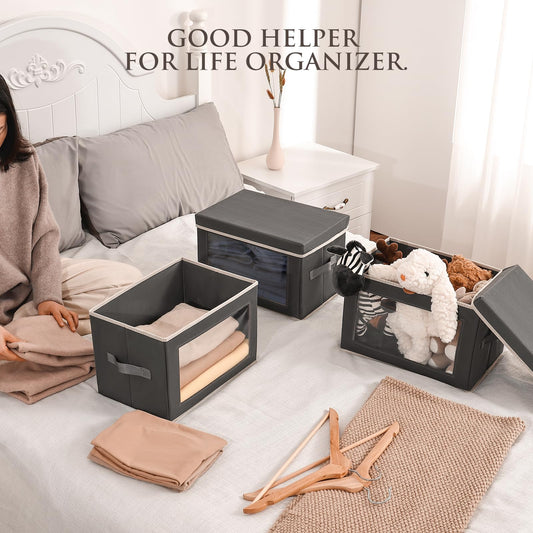 Homsorout Storage Bins with Lids - Fabric Storage Boxes with Lids, Collapsible Storage Bins with Window, Decorative Closet Organizers and Storage for Clothes, Towels, Books, 3 Packs, Grey