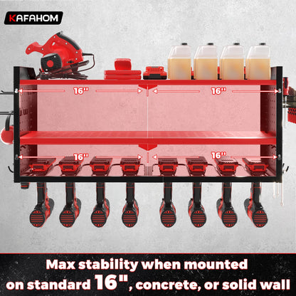 KAFAHOM Power Tool Organizer, Large 8 Drill Holder Wall Mount with 2 Side Pegboards, Heavy Duty Metal Tool Shelf with 12 Hooks, Storage Rack for Garage Organization, Utility Battery Shelves - Red