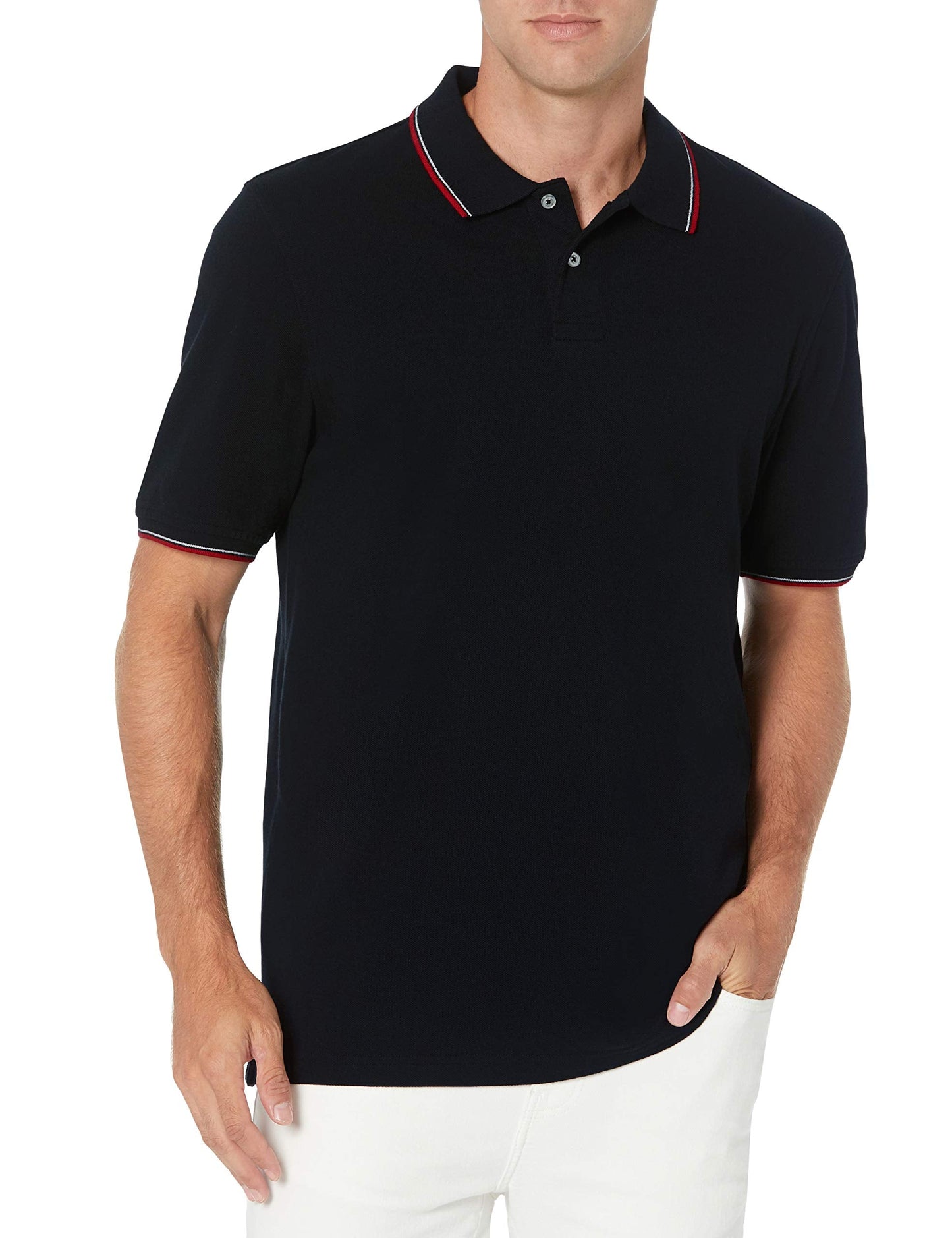 Amazon Essentials Men's Regular-Fit Cotton Pique Polo Shirt (Available in Big & Tall), Black Red White Thin Stripe, X-Large