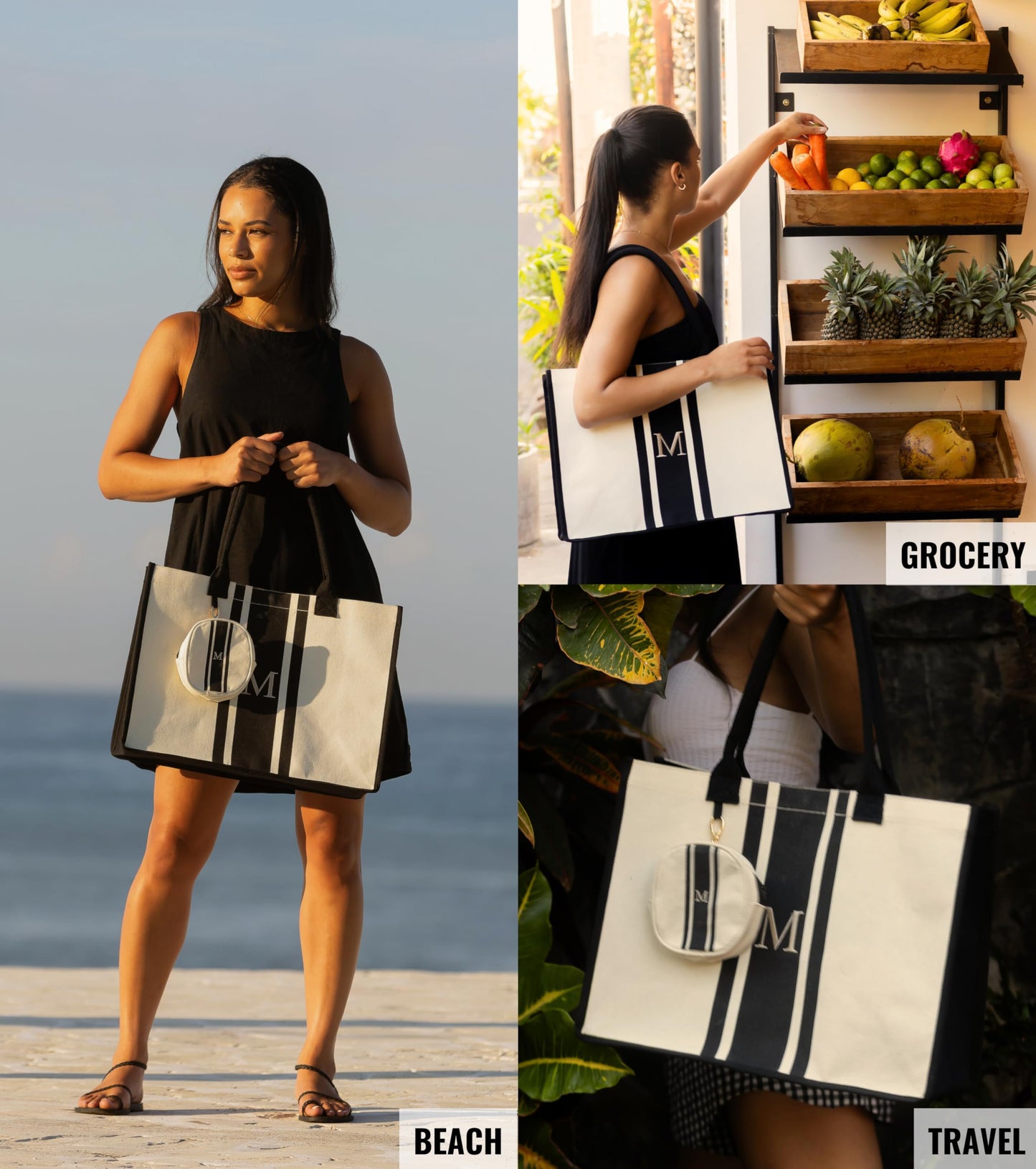 Initial Canvas Tote Bag - Embroidered Letter Beach Bag, Monogrammed Personalized Gift Bag For Women, Make Up Purse