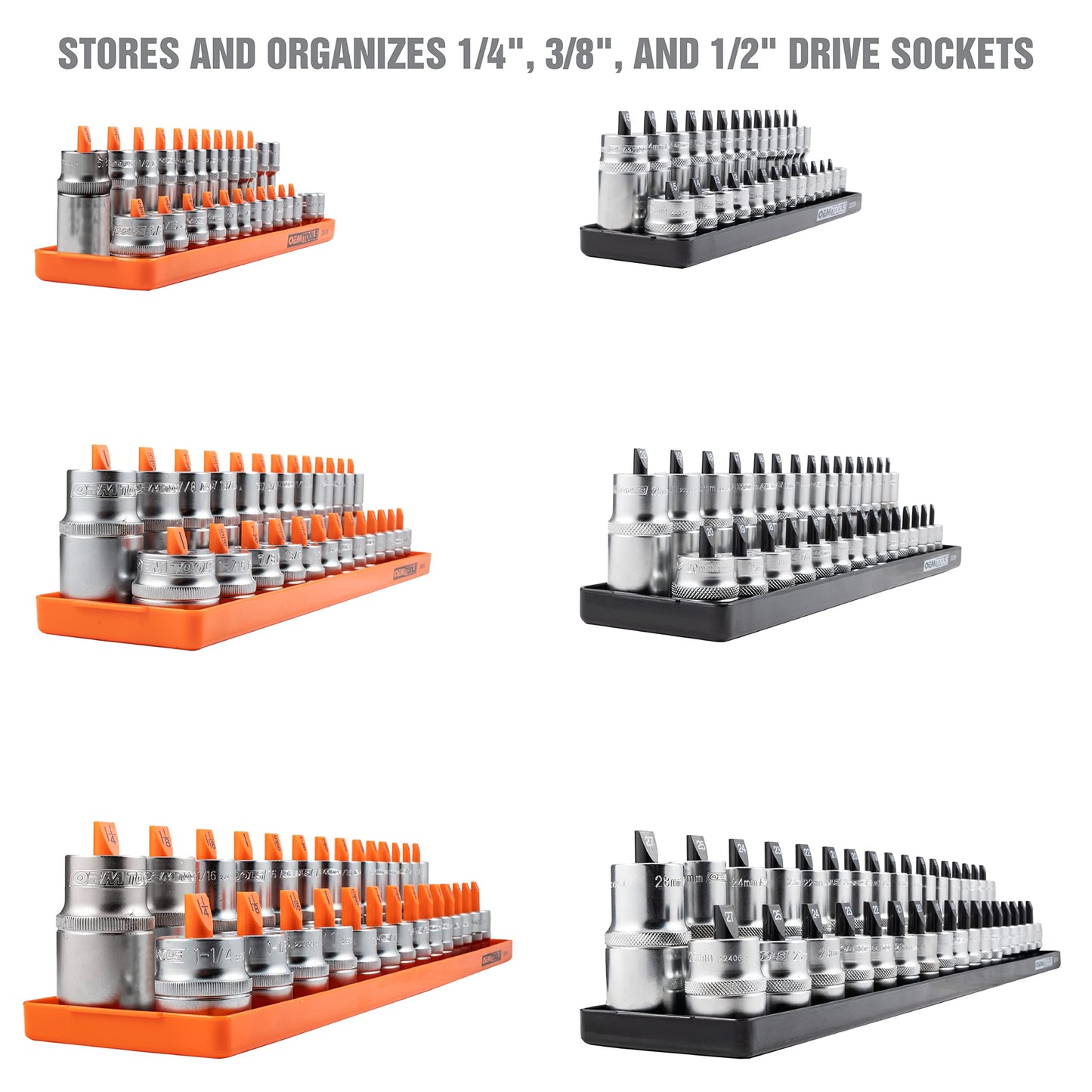 OEMTOOLS 22418 6 Piece SAE and Metric Socket Tray Set, SAE and Metric Socket Storage for Sizes 1/4", 3/8”, and 1/2" Drive, Socket Holders and Socket Organizer Tray for Toolbox, Orange and Black