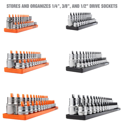 OEMTOOLS 22418 6 Piece SAE and Metric Socket Tray Set, SAE and Metric Socket Storage for Sizes 1/4", 3/8”, and 1/2" Drive, Socket Holders and Socket Organizer Tray for Toolbox, Orange and Black