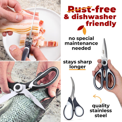 Kitchen Shears by Gidli - Liftime Replacement Warranty* - Includes Seafood Scissors As a Bonus - Heavy Duty Utility Stainless Steel All Purpose Ultra Sharp Scissors for Food/Cooking