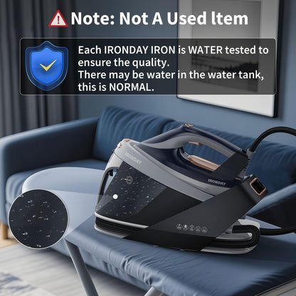 IRONDAY Steam Station for Clothes with LED Screen, 1800W Steam Iron Ceramic Soleplate, Auto Shutoff, Self-clean, Anti-drip, 50.72oz Removable Water Tank Ironing Steamer for Various Fabrics, Blue