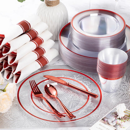 Goodluck 350 Piece Red Plastic Dinnerware Set for Party, Clear Disposable Plates for 50 Guests, Include: 50 Dinner Plastic Plates, 50 Dessert Plates, 50 Pre Rolled Napkins with Cutlery Set, 50 Cups