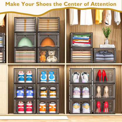 7 code Thicken & Sturdy Clear Shoe Storage Organizer with Magnetic Door, Stackable Boxes for Closet, Foldable Shoe Rack for Sneaker Boot Container, Plastic Shoe Cabinet Shoe Box 6 Pack, Black