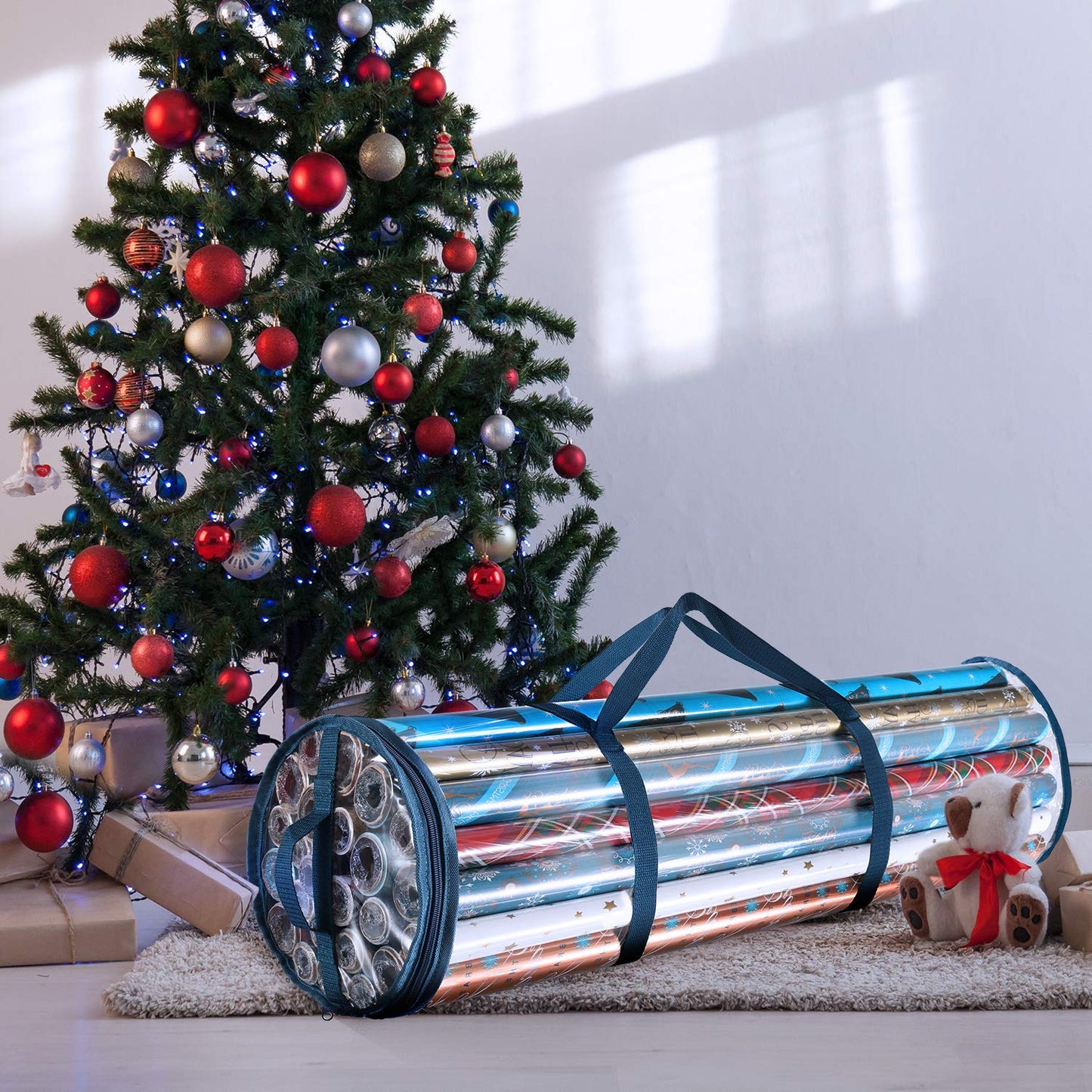 Hearth & Harbor Wrapping Paper Storage Container - Clear Wrapping Paper Holder Fits Up To 14 Rolls of 40" - Tear Proof Gift Wrap Organizer - Premium Bag for Easy Carrying, Blue