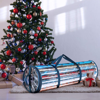 Hearth & Harbor Wrapping Paper Storage Container - Clear Wrapping Paper Holder Fits Up To 14 Rolls of 40" - Tear Proof Gift Wrap Organizer - Premium Bag for Easy Carrying, Blue