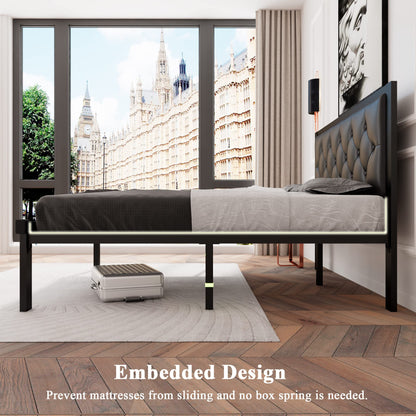Feonase Full Size Metal Bed Frame with Faux Leather Button Tufted Headboard, Heavy-Duty Platform Bed Frame with 12" Storage, Steel Slats Support, No Box Spring Needed, Noise Free, Black