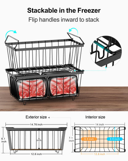 iSPECLE Freezer Organizer Bins - 4 Pack Small Stackable Deep Freezer Organizer Bins for 7 Cu.Ft Freezers Easy Get Bottom Foods without Digging, Chest Freezer Organizer Prevent Frozen Food Waste, Black