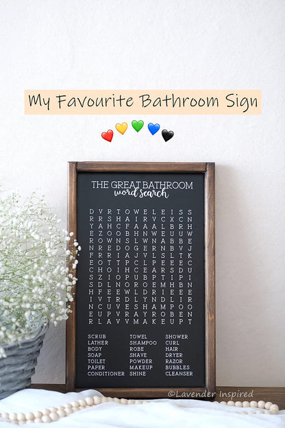 Lavender Inspired Word Search - Rustic Farmhouse Wooden Sign - Funny Wall Art Decor - Half Bath Sign - Kids Bathroom Decor - Housewarming Present (BLACK)